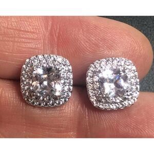 3135 PAJ White Topaz Platinum Over Sterling Silver Cushion halo Earrings